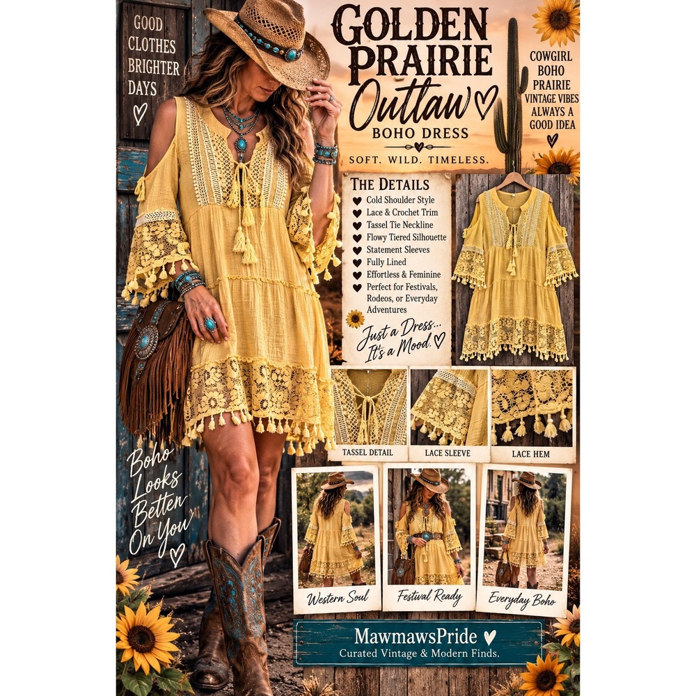 Golden Prairie Outlaw Boho Dress Yellow Cold Shoulder Lace Tassel Western Medium